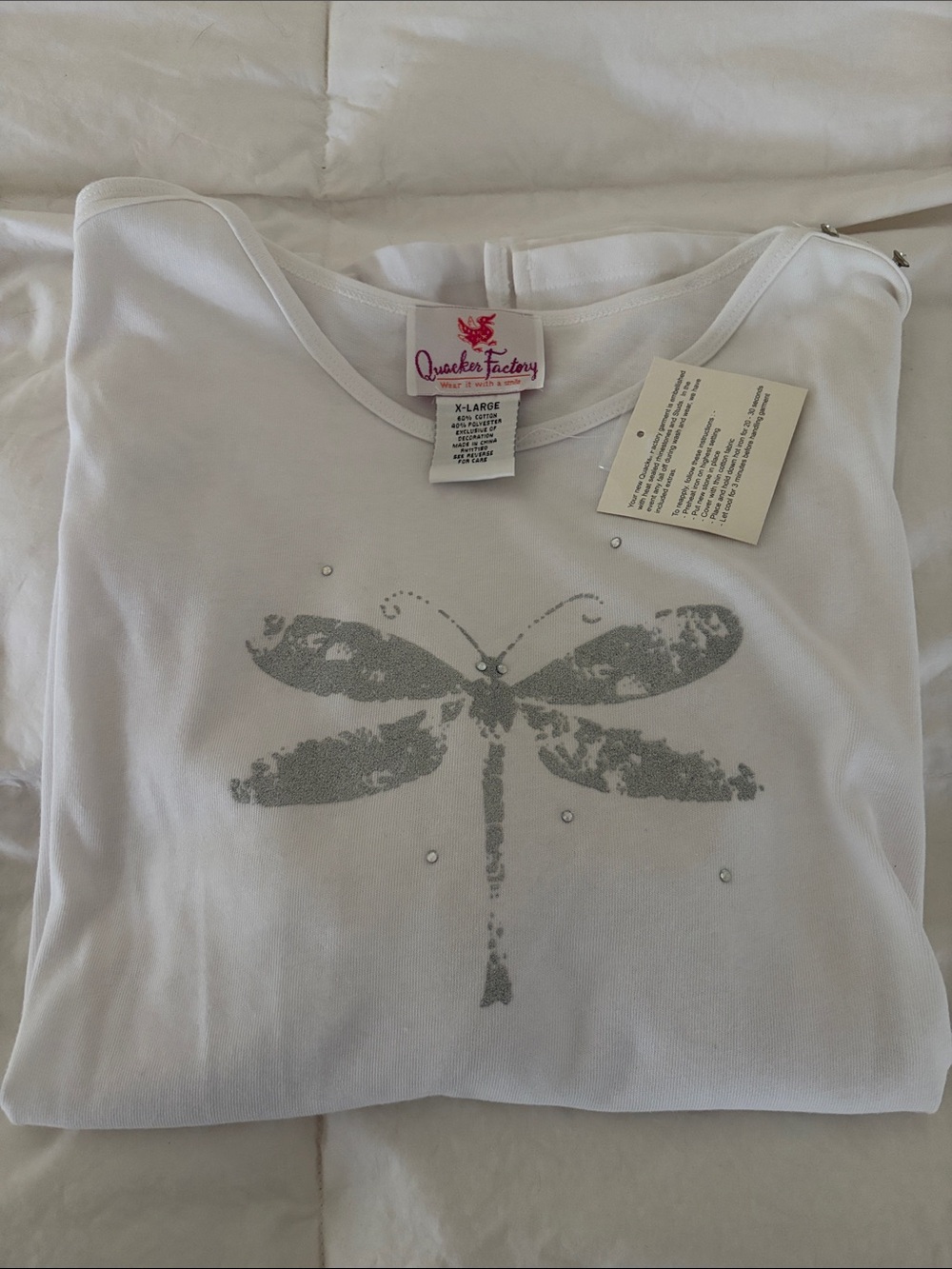 NWT Quaker Factory 3/4 Sleeve Dragonfly Tee in White XL